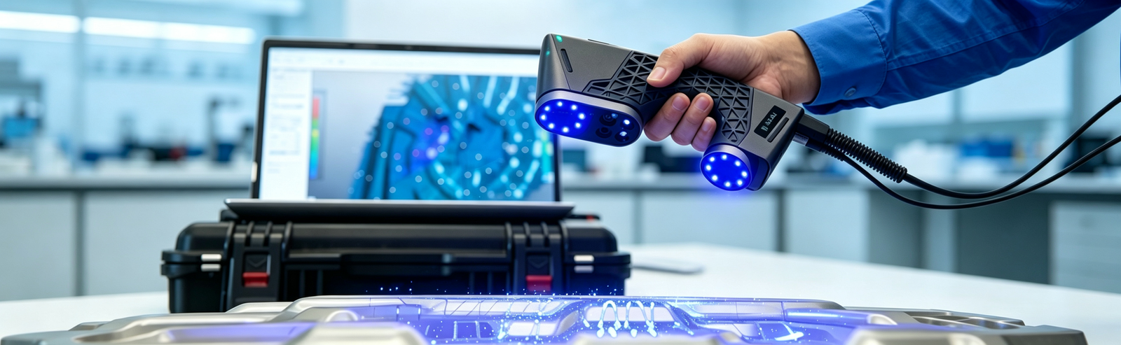 Engineer performing industrial 3D scanning of a vehicle body panel with a portable scanner arm