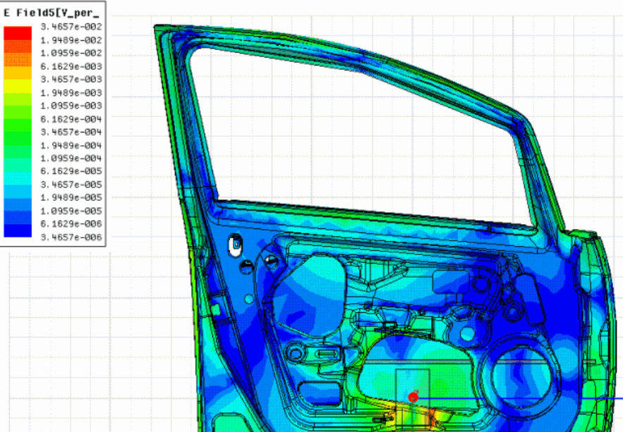CAE simulation result plot on an automotive windshield showing thermal and stress distribution