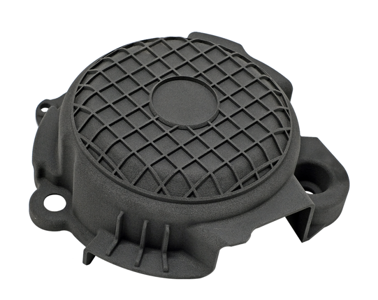 SLS nylon 3D printed production part with lattice and ribbed geometry