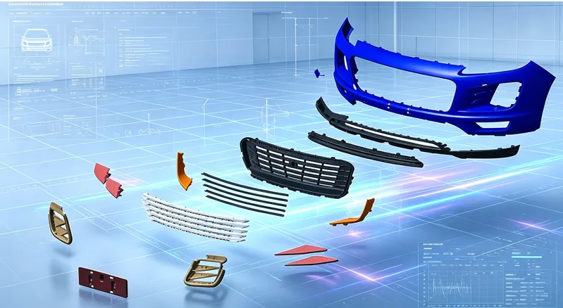 Exploded CAD view of a front bumper assembly with grille, sensor and trim components